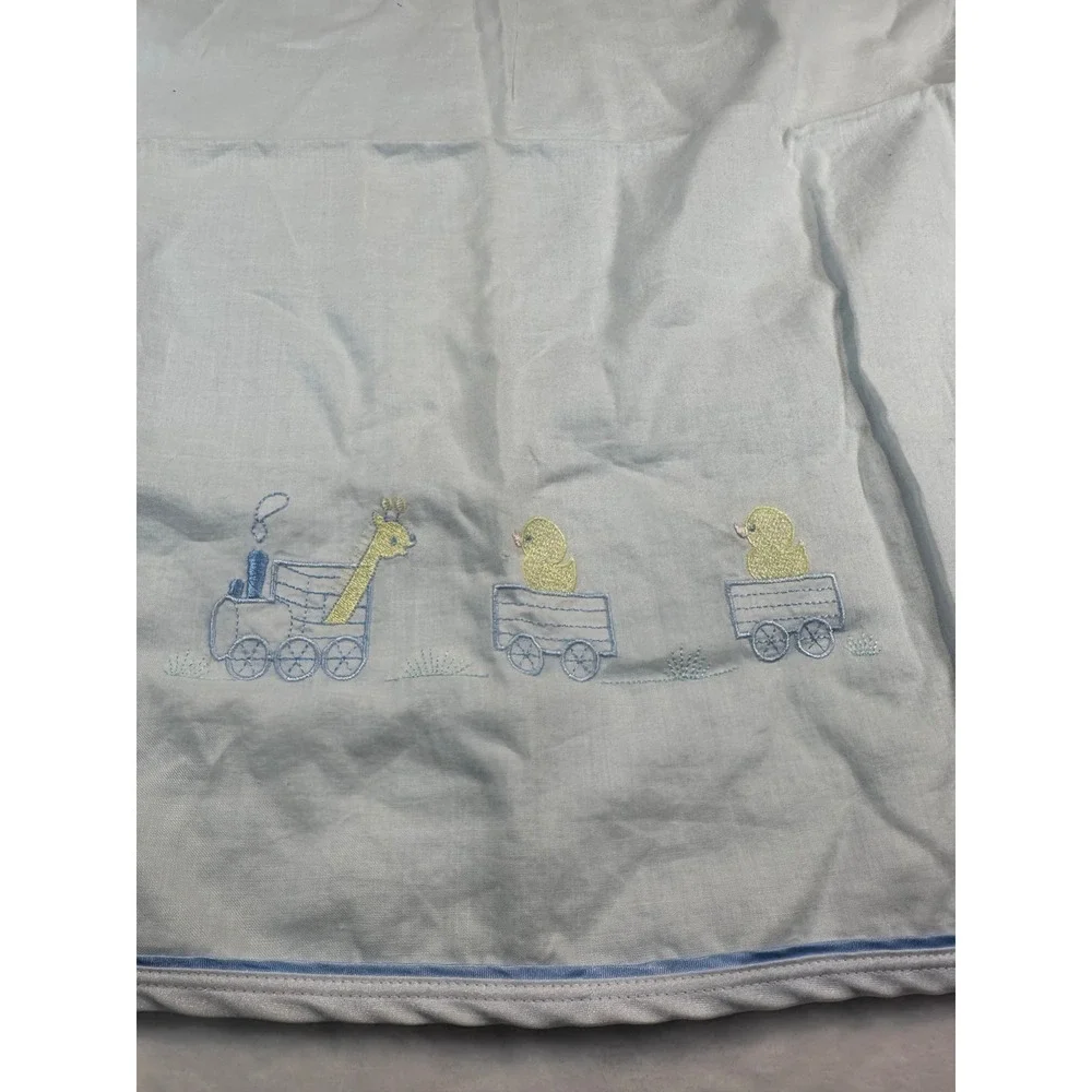 Will'beth Baby Blanket Blue Linen Embroidered Train Giraffe Duck Heirloom Kids